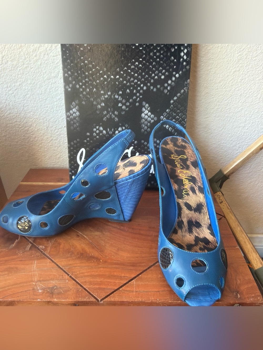 Sam Edelman Blue Cutout Peep-Toe Slingback Wedges
